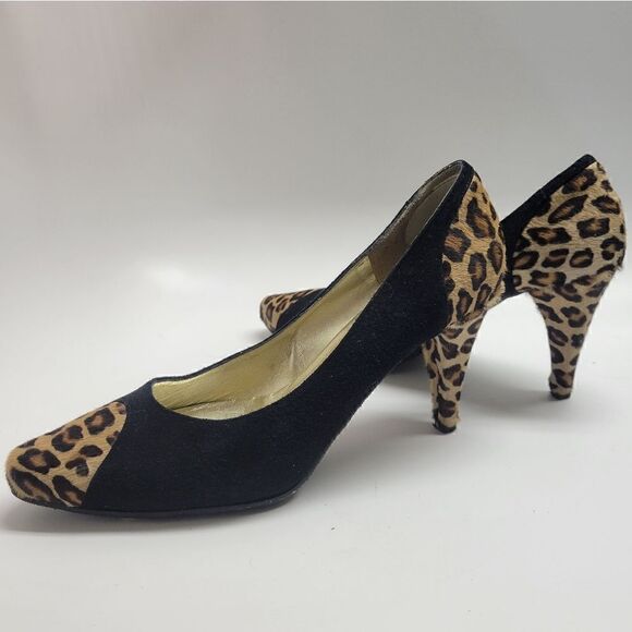 Ron White Cowhide Cheetah Print & Black Suede All Day Heels - Picture 2 of 10